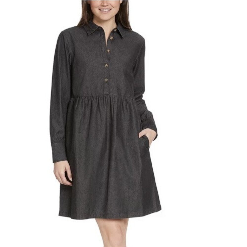 Nine West New Black Denim Dress Long Sleeve Quarter Button Up Size XL